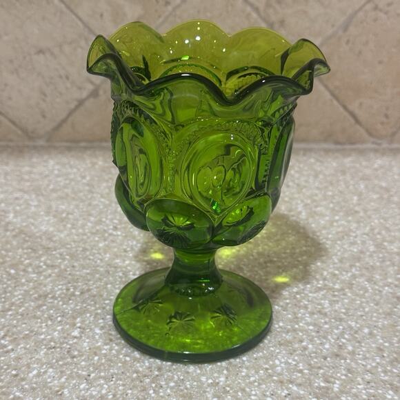 Vintage LE Smith Green Moon & Stars Ruffled Footed Open Vase Compote 5 3/4" USA - Picture 2 of 13